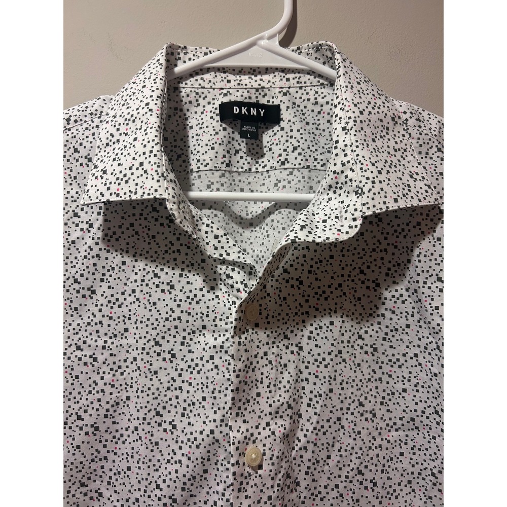 Mens DKNY Large Long Sleeve Button Down Geometric Square Micro Check Olive White
